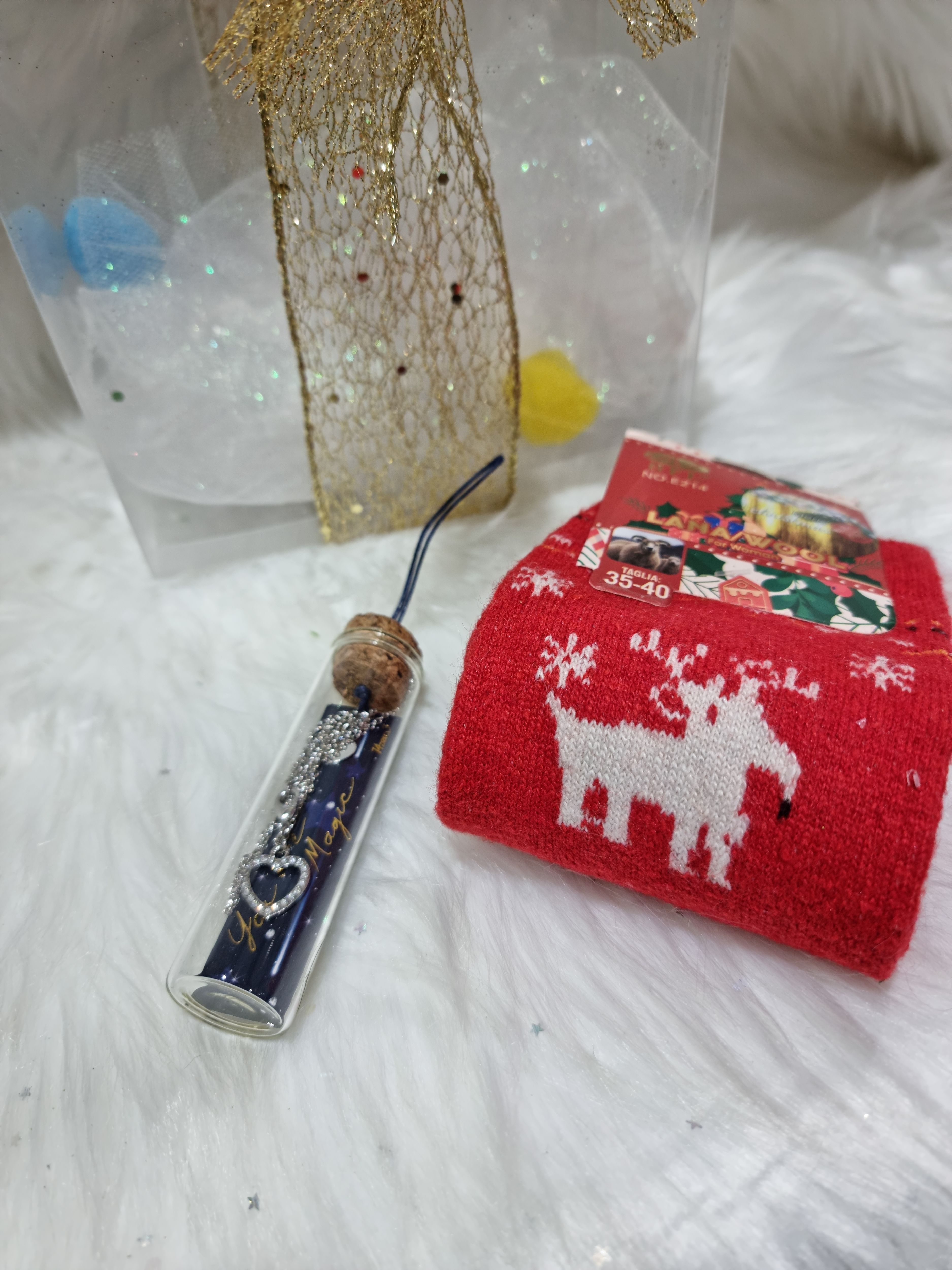 CONFEZIONE CALZINO IN LANA RENNA E CIONDOLO CUORE ARGENTO