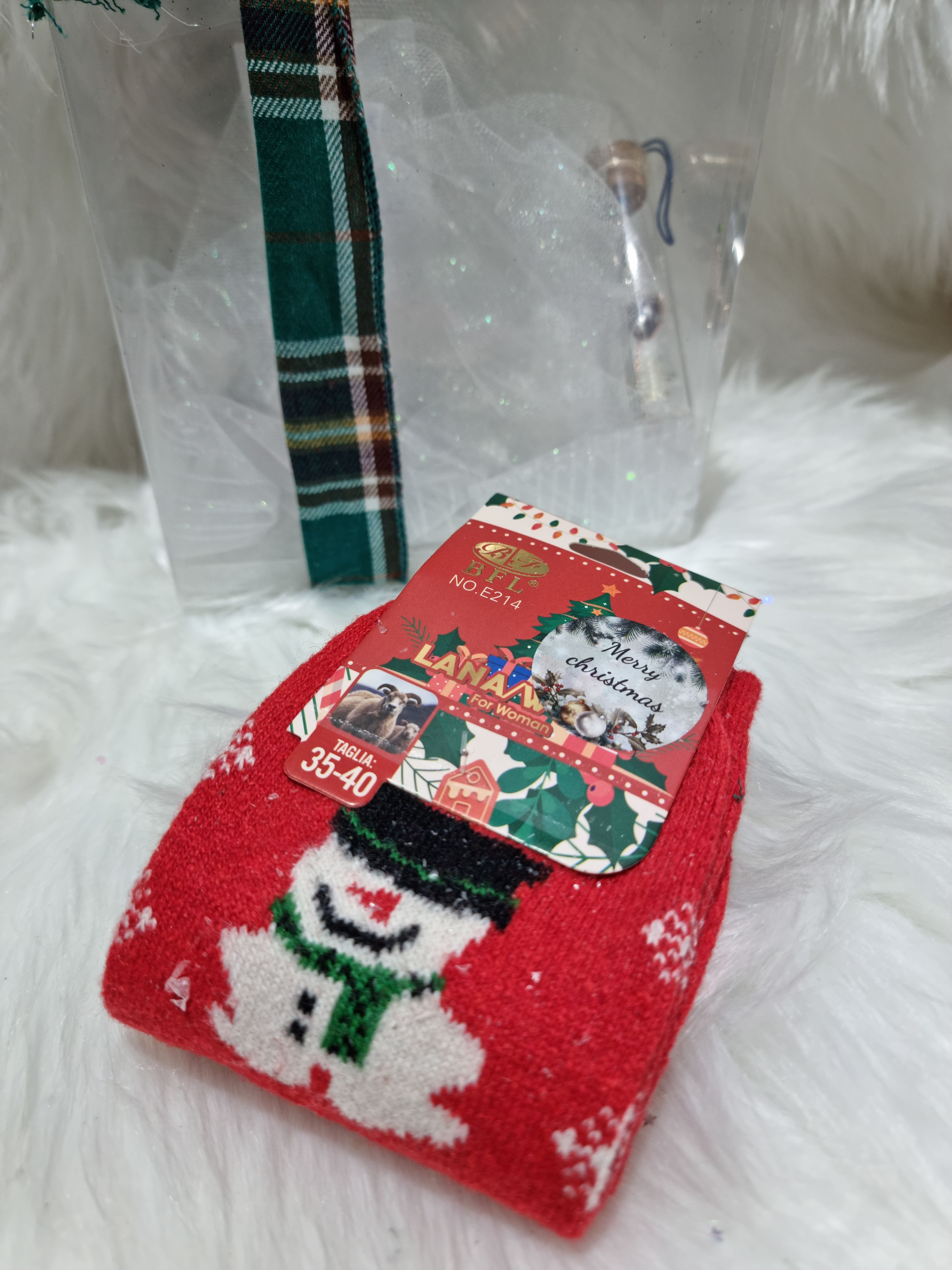 CONFEZIONE CALZINO IN LANA PUPAZZO E CIONDOLO CUORE