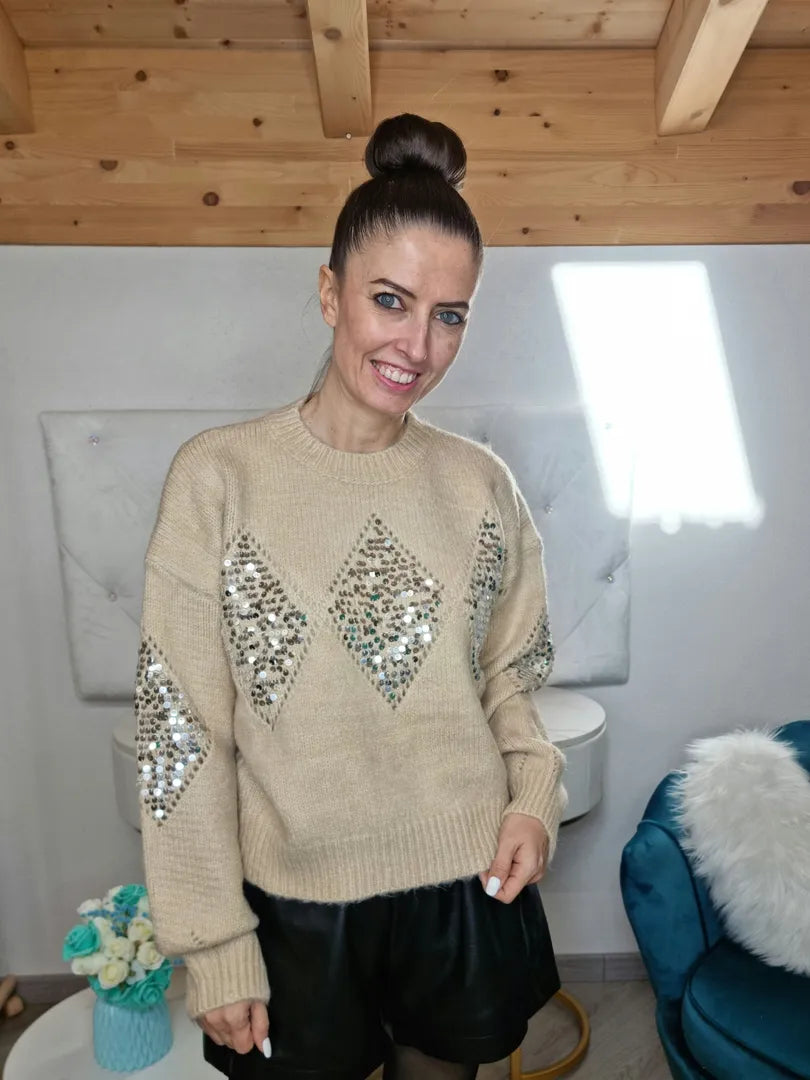 Pull rombi paillettes beige