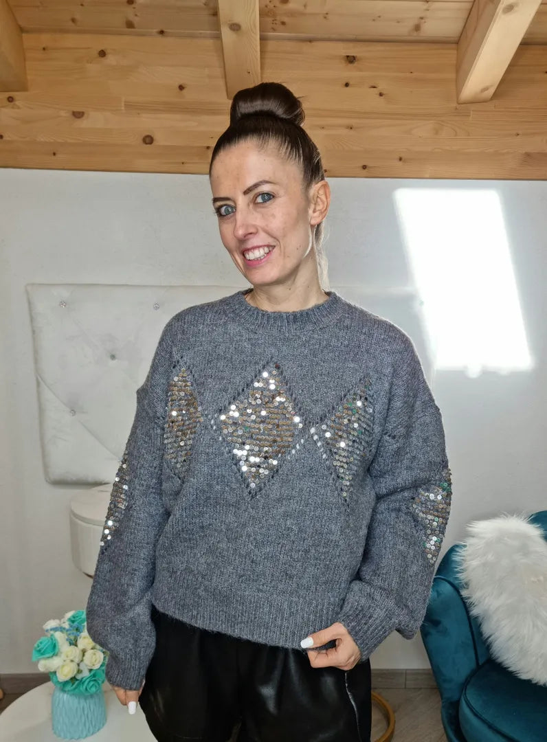 Pull rombi paillettes grigio