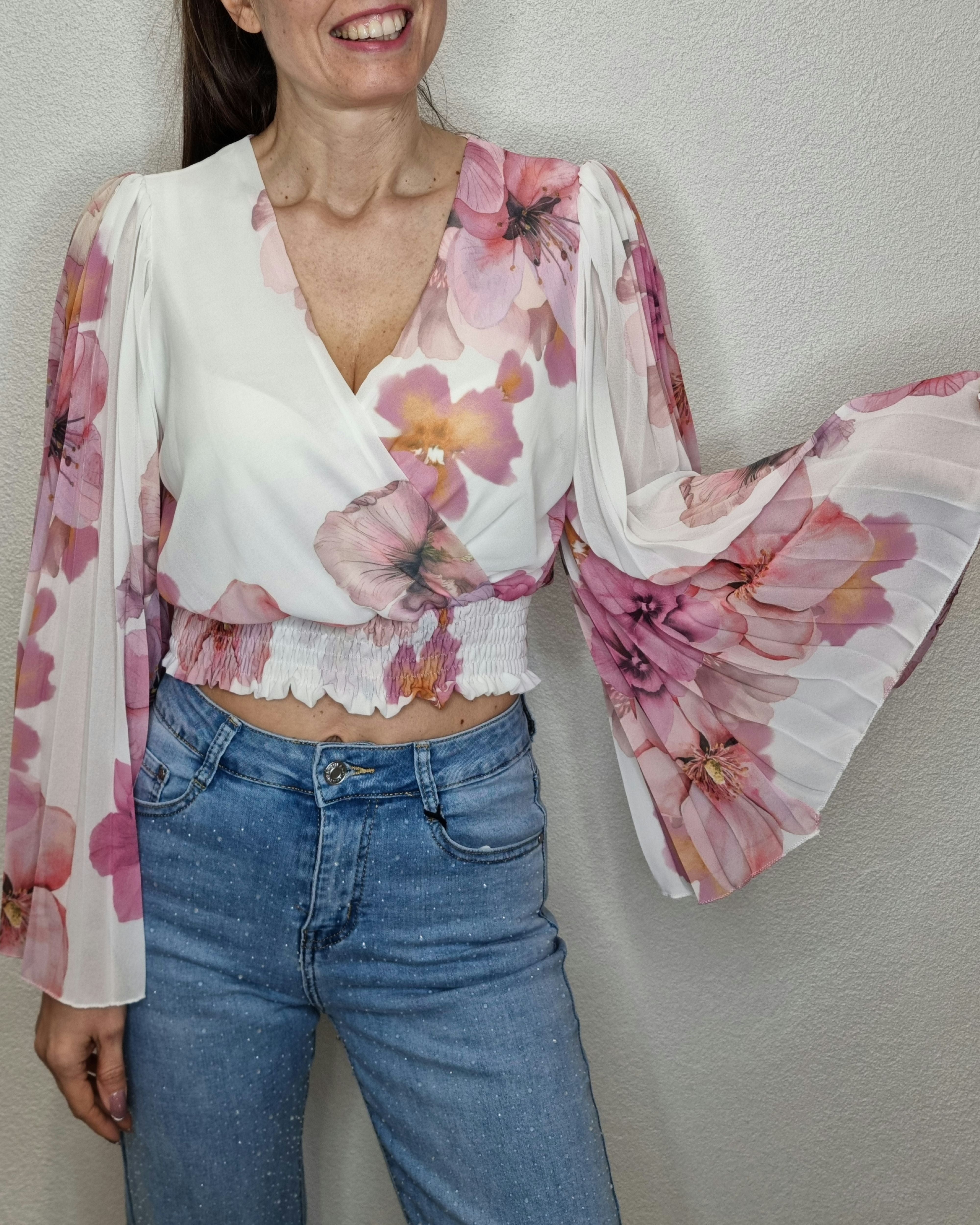 BLUSA CROP FIORE ROSA