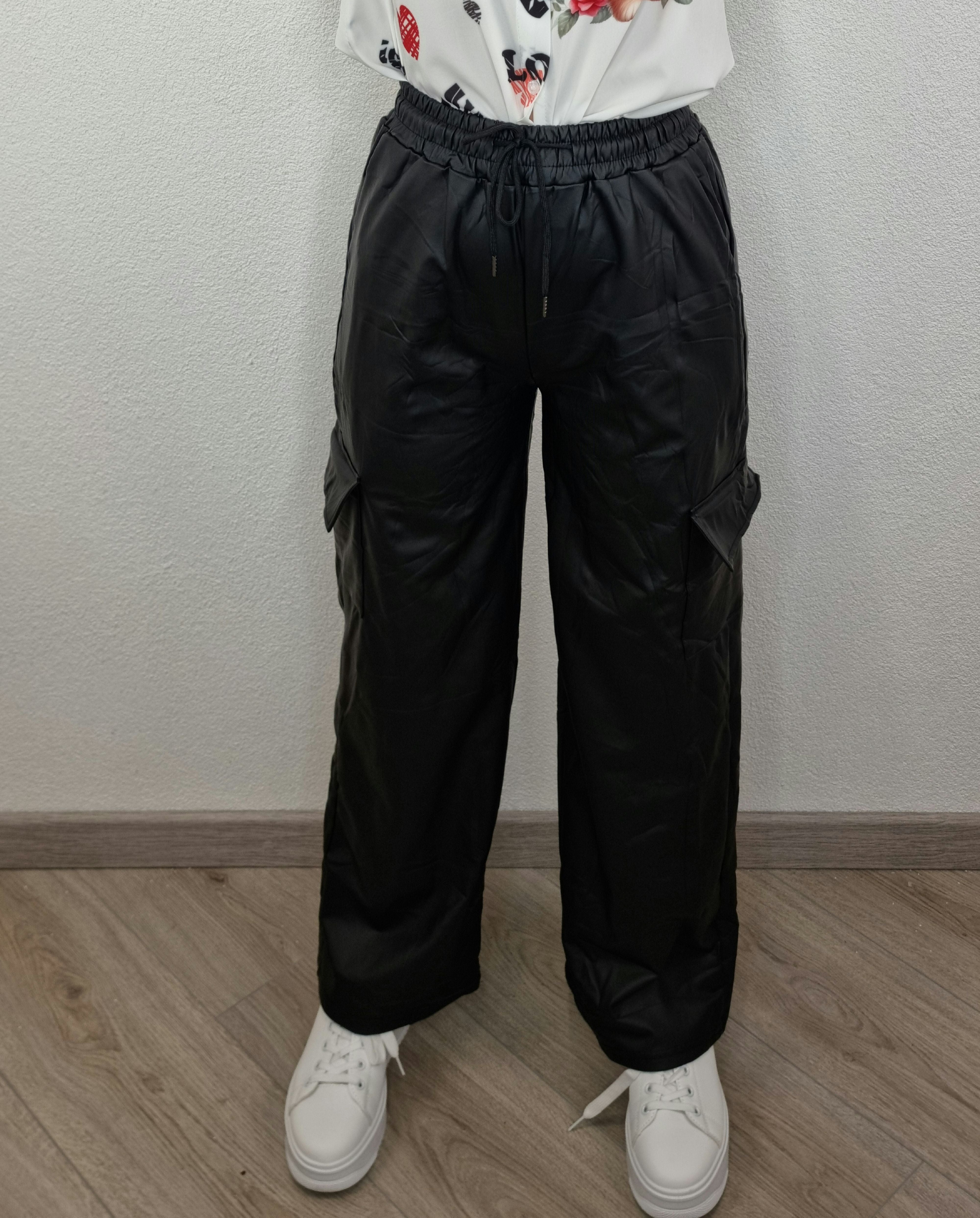 PANTALONE ECOPELLE CARGO NERO