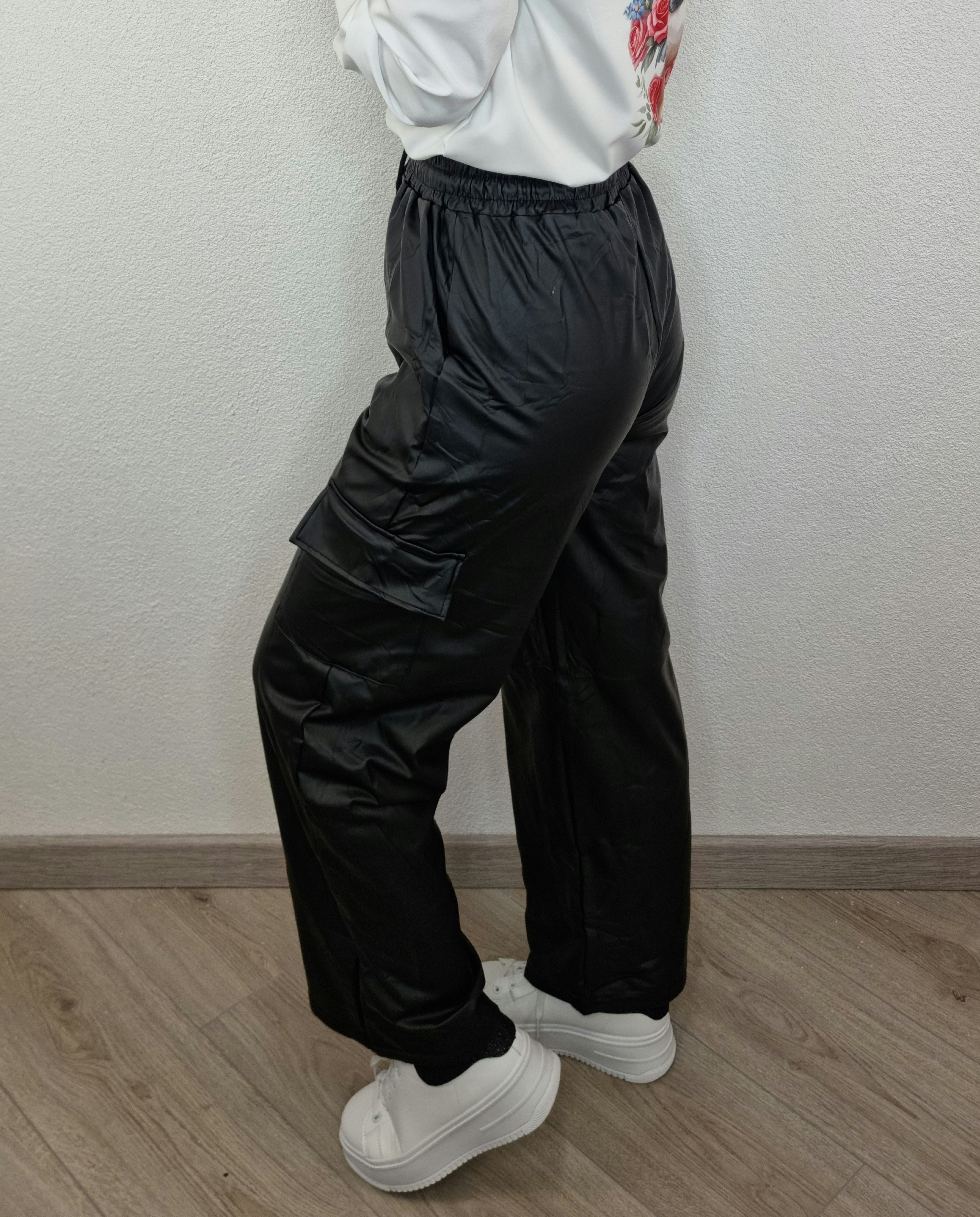 PANTALONE ECOPELLE CARGO NERO