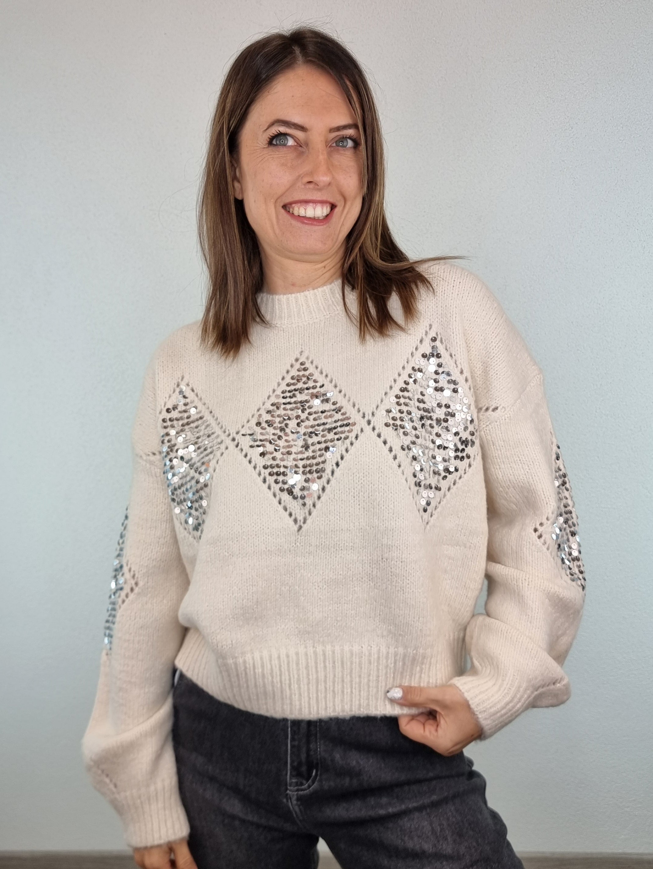 Pull rombi paillettes panna