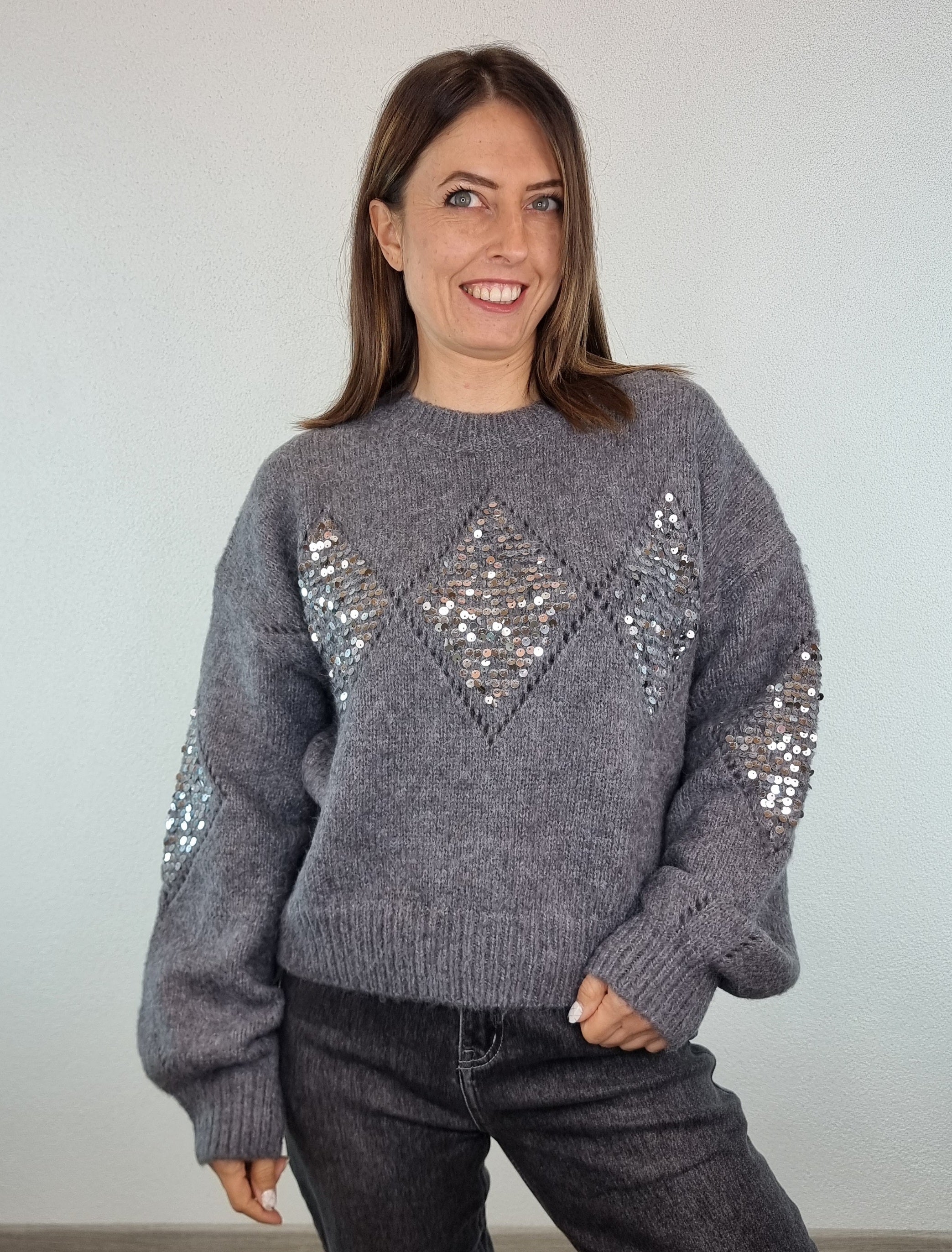 Pull rombi paillettes grigio