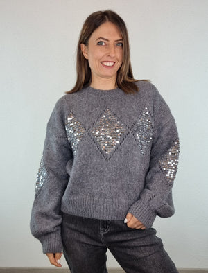 Pull rombi paillettes grigio