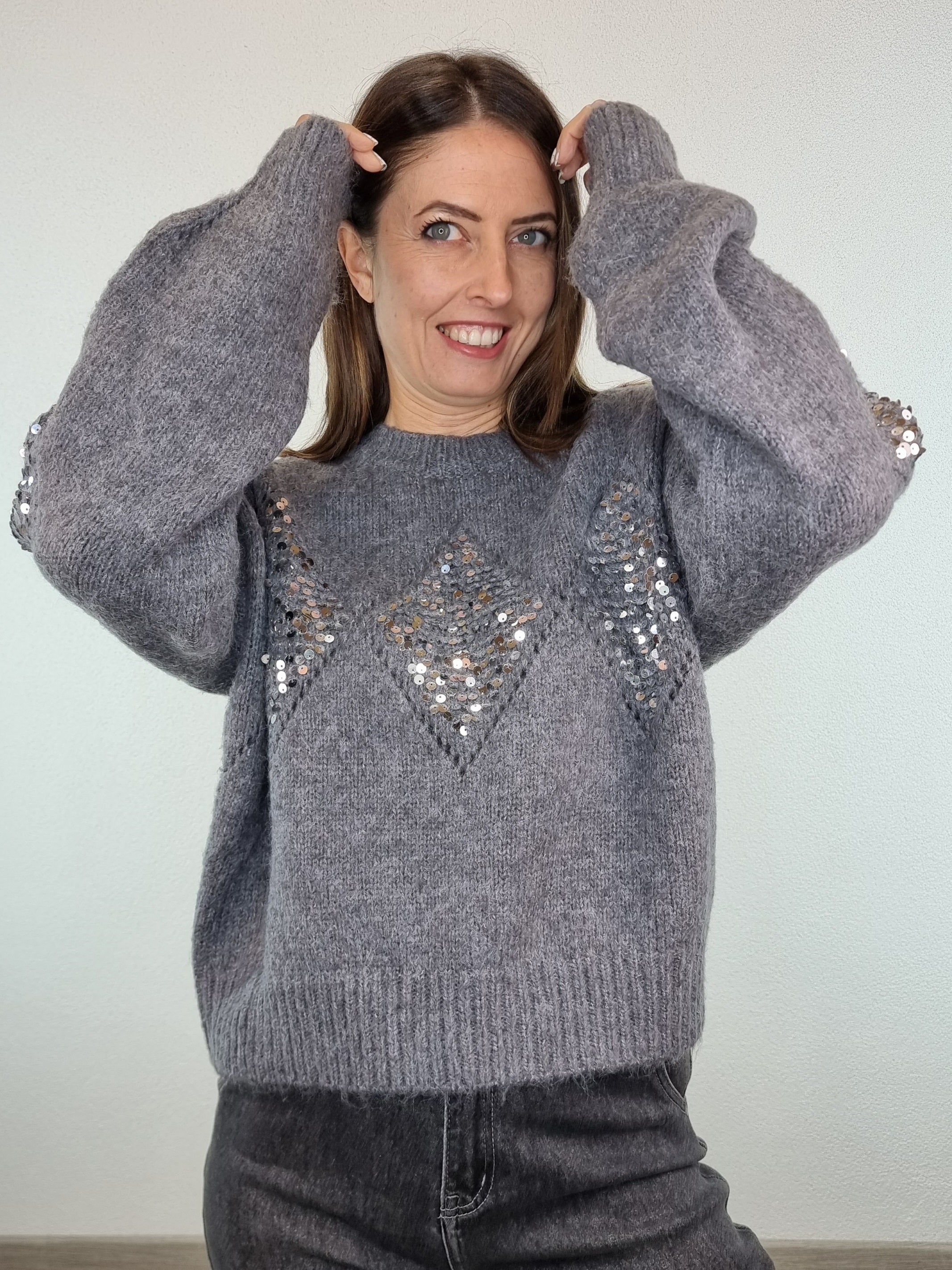 Pull rombi paillettes grigio